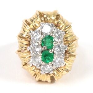 Vintage 18K Two Tone Gold Diamond & Emerald Cocktail Ring